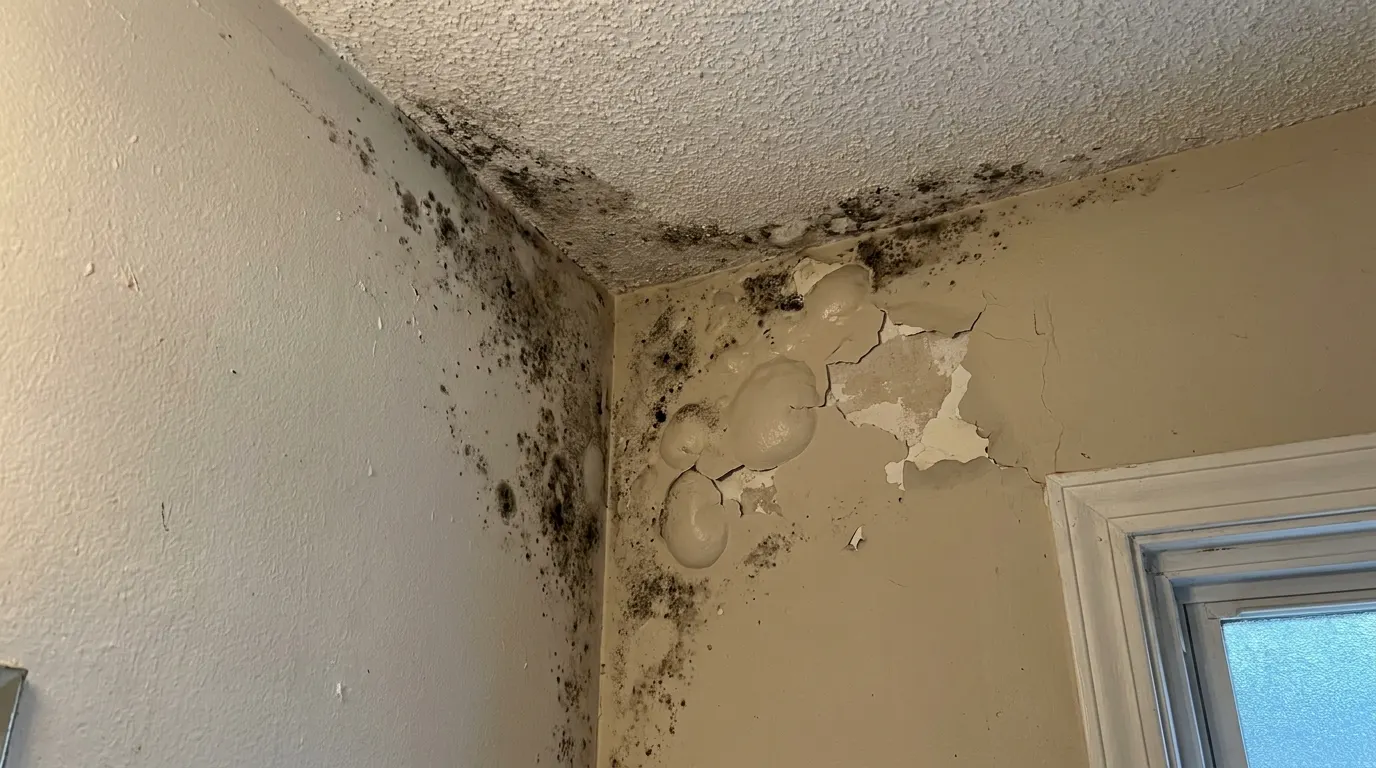 Bathroom wall with spreading mold before remediation