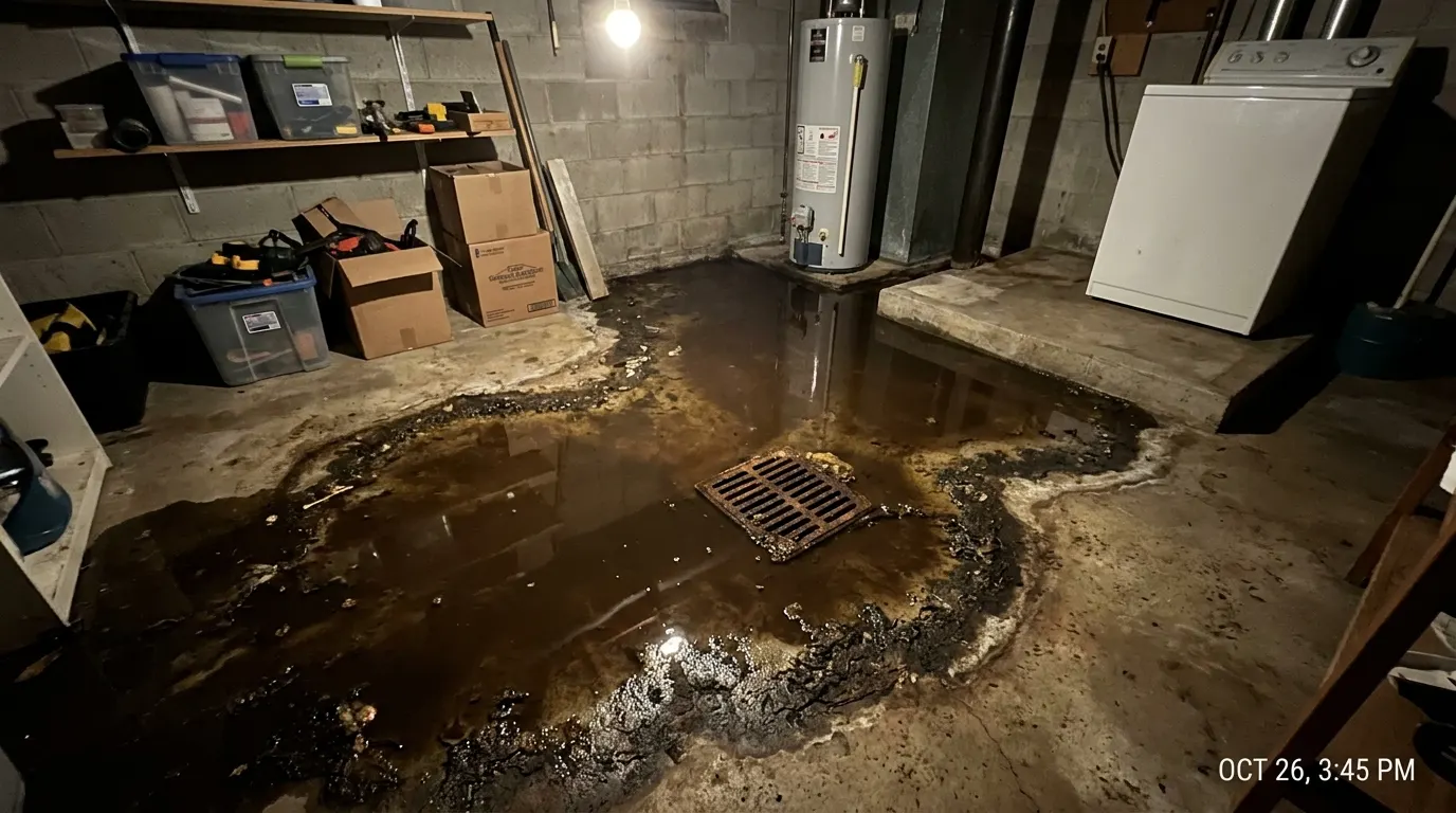 Basement floor after a sewage backup before cleanup